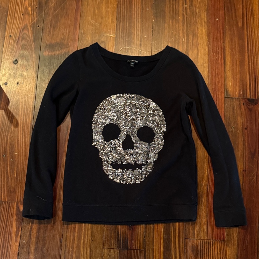 Express Black Long Sleeve with Silver Sequin Skull